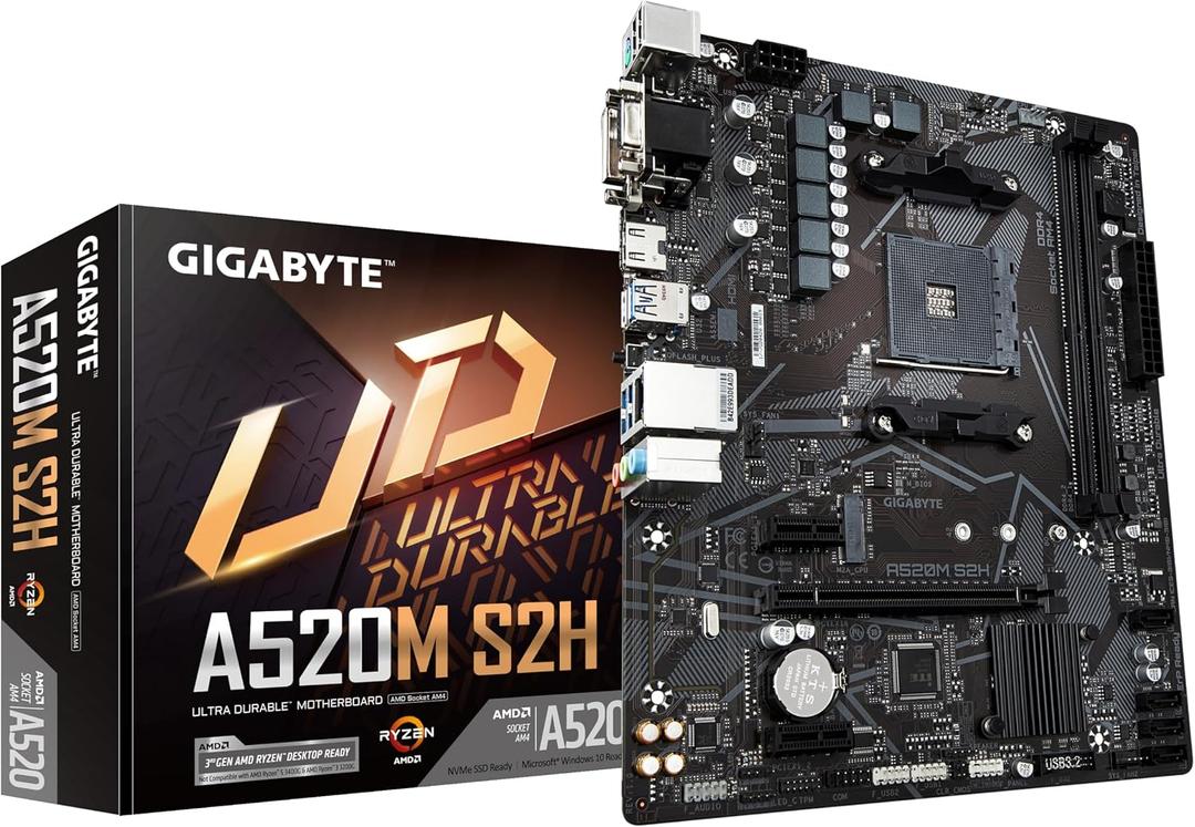 GIGABYTE A520M S2H Motherboard - Supports AMD Ryzen 5000 Series AM4 Processors, 4+3 Phase Pure Digital VRM, Up to 5100MHz DDR4 (OC), PCIe 3.0 x4 M.2, GbE LAN, USB 3.2 Gen 1