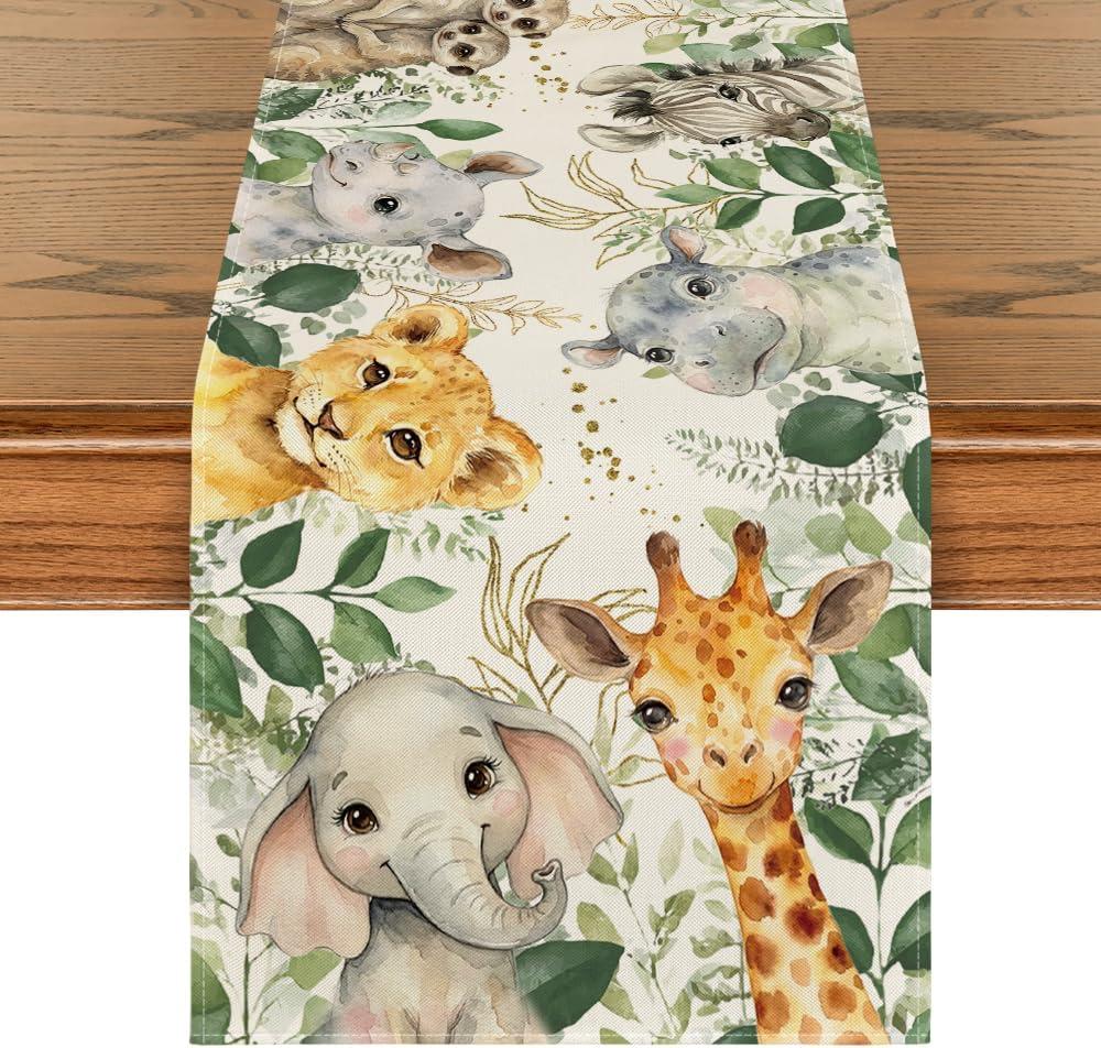 Artoid Mode Animals Elephant Giraffe BabyShower Table Runner, Seasonal Spring Summer Kitchen Dining Table for Home Party Decor 13x72 Inch (Green)