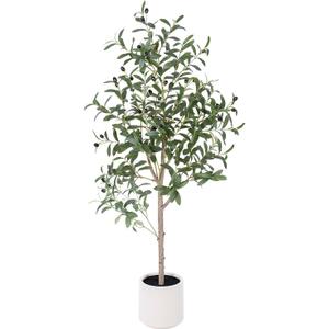 Olive Tree Artificial Indoor, 4ft Tall Silk Faux Olive Tree with White Planter, Artificial Plants with Natural Wood Trunk and Lifelike Fruits for Home Office Decor