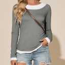 Tankaneo Womens Long Sleeve Shirts Crewneck Patchwork Casual Fitted Tunic Tops Ruffle Lightweight Outfits (Gray, L)
