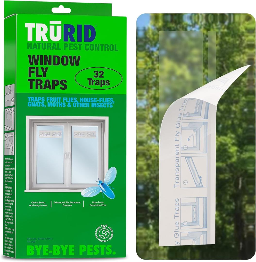 Fly Traps Sticky Window  32 Pack | Pre-Baited, Odorless Pest Control for Fruit Flies, Gnats, Mosquitoes, and Moths  Effective Indoor Fly Paper Strips