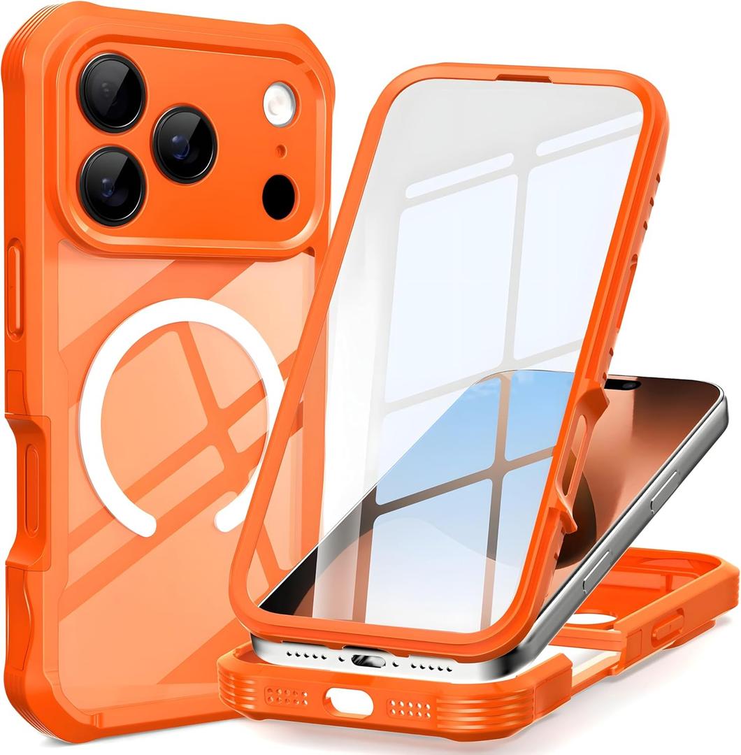 ACCREW Magnetic for iPhone 17 Pro Case with Built-in Sensitive Screen Protector, Full Body Protection, Fit for MagSafe, Camera Protection, Shockproof Dustproof Non Slip Phone Case, Orange