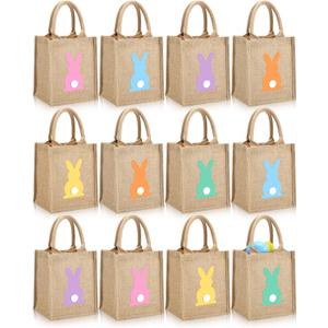 GliCraft 12 Pack Easter Burlap Gift Bags Large Bunny Jute Bags with Handle and Waterproof Lining Reusable Burlap Tote Bag for Kids Egg Hunt Game Spring Easter Party Supplies, 8''x10''x6''
