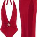 EDOLYNSA One Piece Swimsuit with Cover up Skirt Starfish Swimwear Sets for Women Halter Bathing Suits Vacation Beach Dresses, Small