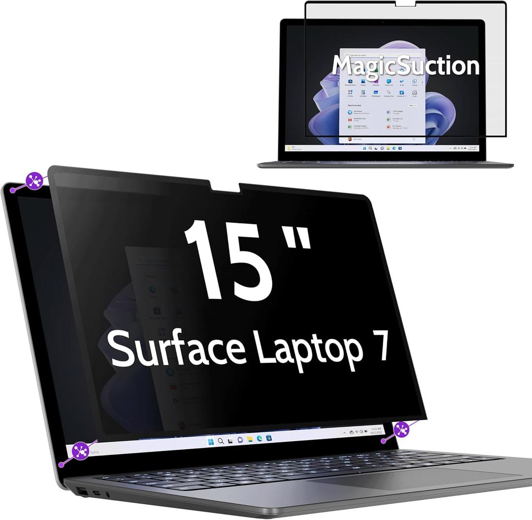 Privacy Screen for 15 Inch Surface Laptop 7, MagicSuction Removable Anti Spy Black Protector, Glare Blue Light Filter for Microsoft Laptop Computer Monitor