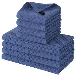 Fintale 100% Cotton Kitchen Towels and Dishcloths Set, 12 x 12 & 15 x 25 Inches, Set of 8 Bulk Super Soft and Absorbent Terry Cloth Dish Towels, Quick Drying Hand Towels with Hanging Loop, Navy Blue