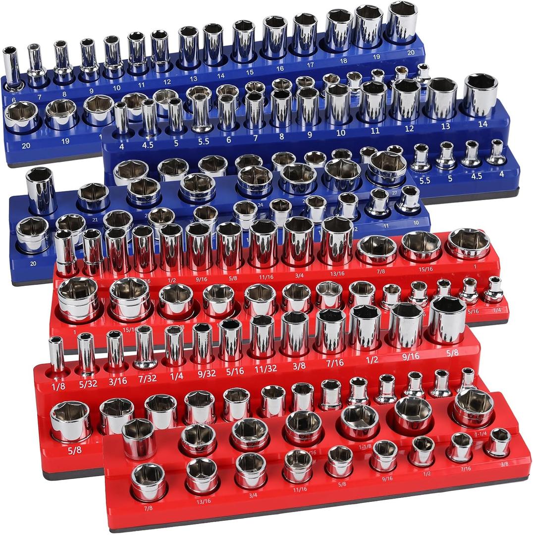 Larlarsa 6PCS Magnetic Socket Organizer Set, SAE & Metric Magnetic Socket Holder, 1/4"", 3/8"", 1/2"" Magnetic Socket Trays, 141 Pieces Deep & Shallow Sockets Organizer., Blue&red, HIP-010