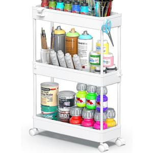 SPACEKEEPER Slim Rolling Storage Cart, 3 Tier Bathroom Storage Organizer Laundry Room Utility Cart Mobile Shelving Unit, Multi-Purpose for Kitchen Office Bathroom Laundry Narrow Places, White