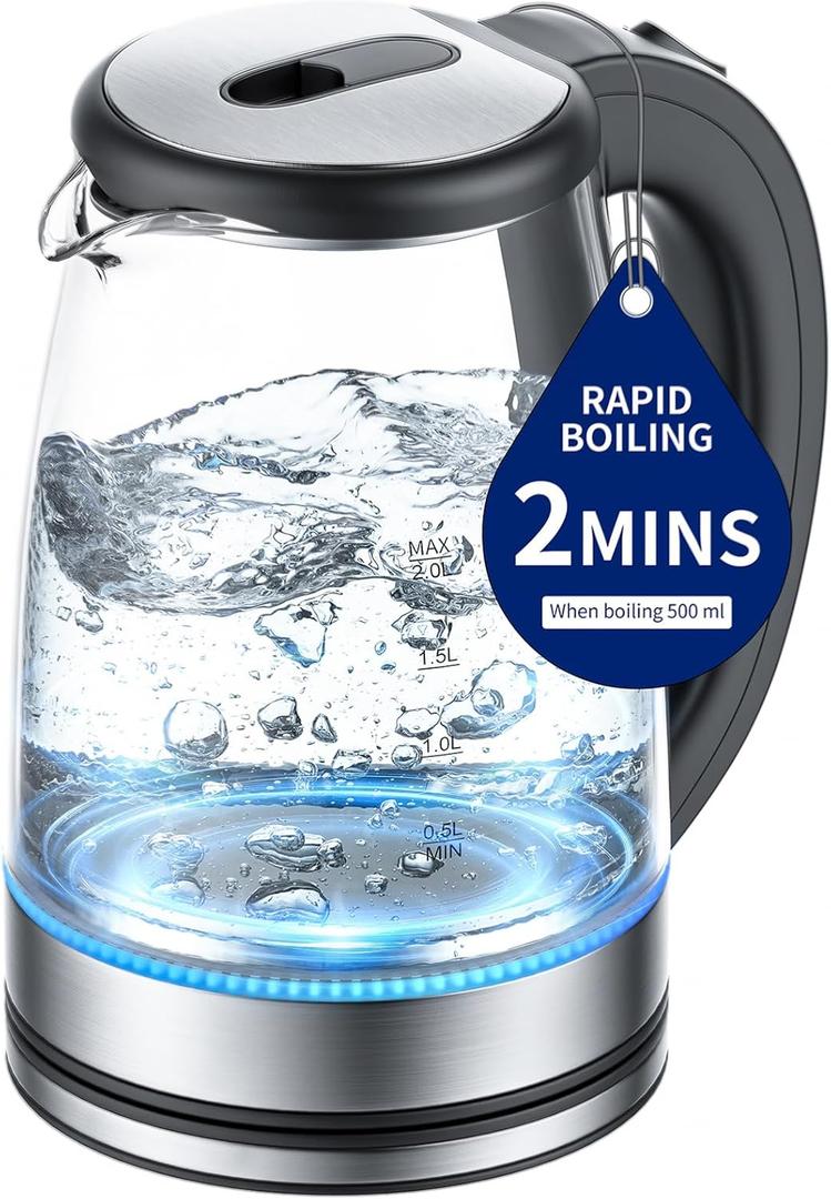 Electric Kettle Glass 2L, 1500W Fast Boiling Hot Water Boiler with Auto Shut-Off, LED Light, BPA-Free, Borosilicate Glass, Stainless Steel Interior, Wide Opening, Cordless Tea Kettle (Black and Silver)