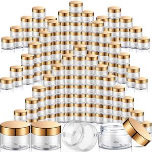 SATINIOR 100 Pcs Plastic Jars with Lids Small Containers Lids Wide Mouth Small Plastic Containers for Lotion Cream Rhinestones Body Butters Travel Storage (2 oz,Clear with Gold Lid)
