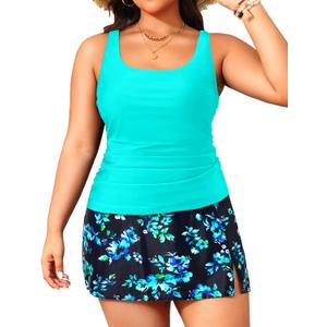 Daci Plus Size Tankini with Skirt - Women Two Piece Swimsuits Tummy Control Bathing Suits Scoop Neck Swimwear (Aqua and Blue Flower, 24W)