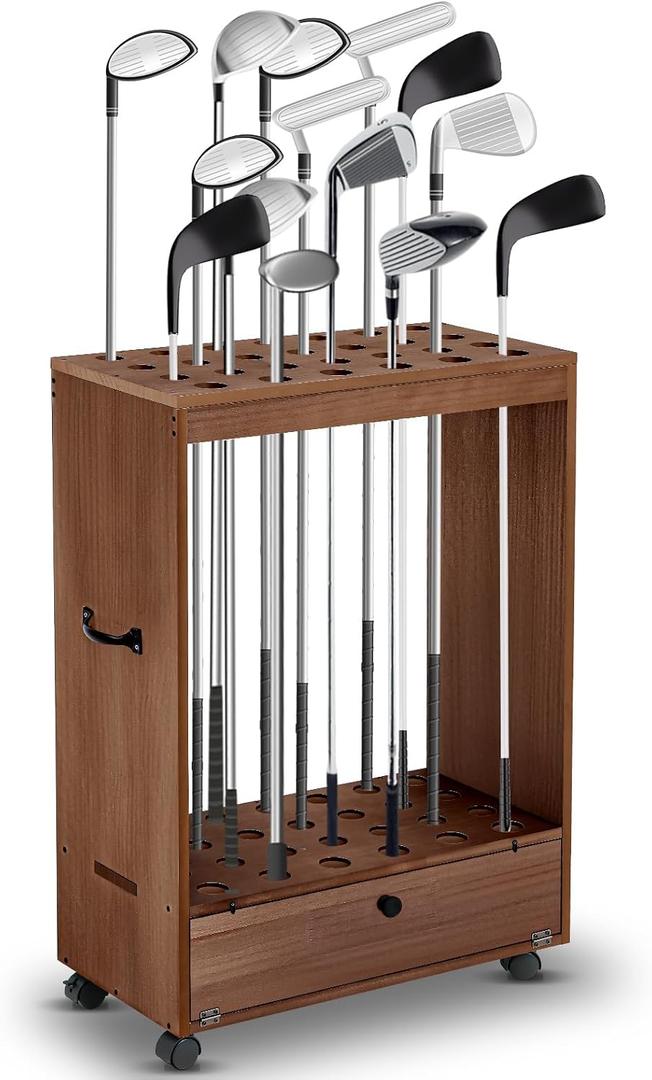 Silipull Golf Club Stand Holder Wooden Golf Club Organizer Putter Display Rack with Storage Drawer and Wheel for Indoor Home Office Simulator Garage, 31" H X 23.5" L X 11.6" W