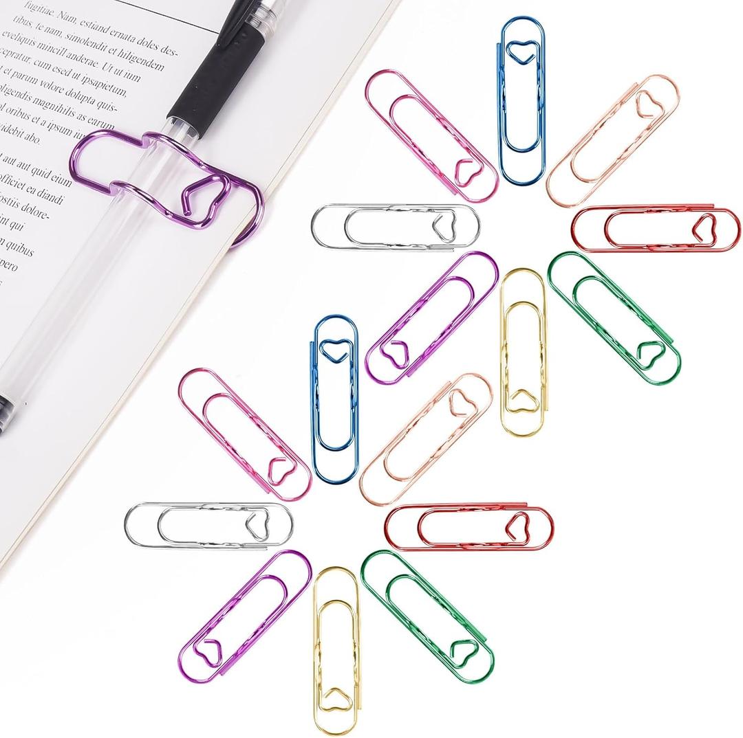 16 Pack QMPRKPE Paperclip Pen Holder for Notebook, Professional Heart Paper Clips Organizer, Multi-Purpose Metal Paper Clip Pen Holder, Vibrant Colors &Easy to Use for Students, Office & School