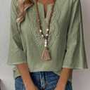 EVALESS Boho Tops for Women Blouses Dressy Casual V Neck 3/4 Sleeve Shirts Spring Outfits Trendy Vacation Clothes (Green, M)