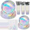 Iridescent Party Supplies Serves 25 - Holographic Party Decorations with Plates and Napkins Cups Knives Forks Spoons Disposable Tableware Set for Birthday Mermaid Birthday decor