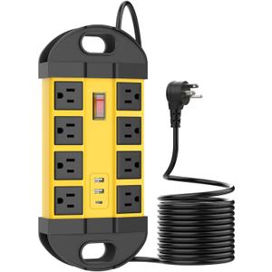 HHSOET Outdoor Weatherproof 8 Outlet Power Strip, IPX6 Waterproof Surge Protector, 2 USB-A 1 USB-C Ports, 6 FT Extension Cord for Outdoor Patio Garden Porch Garage (Yellow)