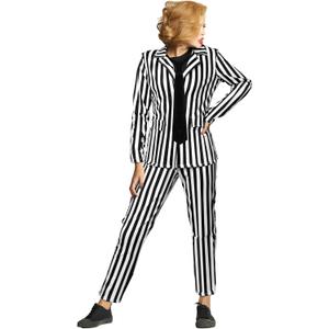 Women's Black and White Striped Suit Include Open Front Striped Blazer Leggings Length Pant with Tie for Halloween (XX-Large), Black and White 