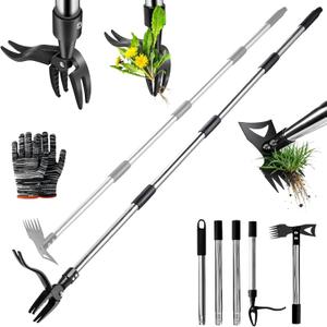 Stand Up Weed Puller Tool with 58" Adjustable Long Handle, 2 in 1 Heavy Duty Manual Weeder & Garden Hoe, 4-Claw Steel Head Weed Remover with Gloves for Yard Lawn Patio Flower Bed