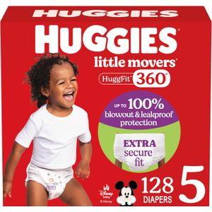 Huggies Size 5 Baby Diapers, Little Movers HuggFit 360 Baby Diapers with 360 Waistband, Size 5 (27+ lbs), 128 Count (2 Packs of 64)
