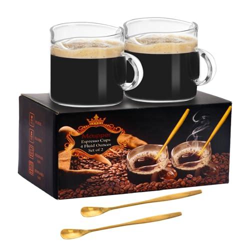 Mcupper 2 Pack Espresso Cups 4 OZ, Double Spouts Cups with Handle and 2 Stainless Steel Spoons, Espresso Shot Glasses, Milk Cup, Clear Glass for Espresso Machine