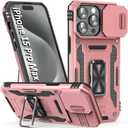 Phone Case for iPhone 15 Pro Max Case iPhone 15 Pro Max Phone Case with Camera Cover, with Ring Holder Kickstand, with Magnetic Car Mount Function, for iPhone 15 Pro Max (Rose Gold)