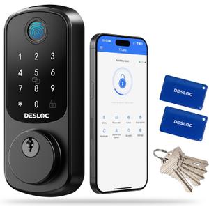 DESLOC B200 Fingerprint Smart Door Lock, Keyless Entry Door Lock, App Control, Smart Locks for Front Door, Smart Deadbolt Lock, Touchscreen Keypad, Emergency Power Port, 12 Months Battery, IP54 (Matte Black)