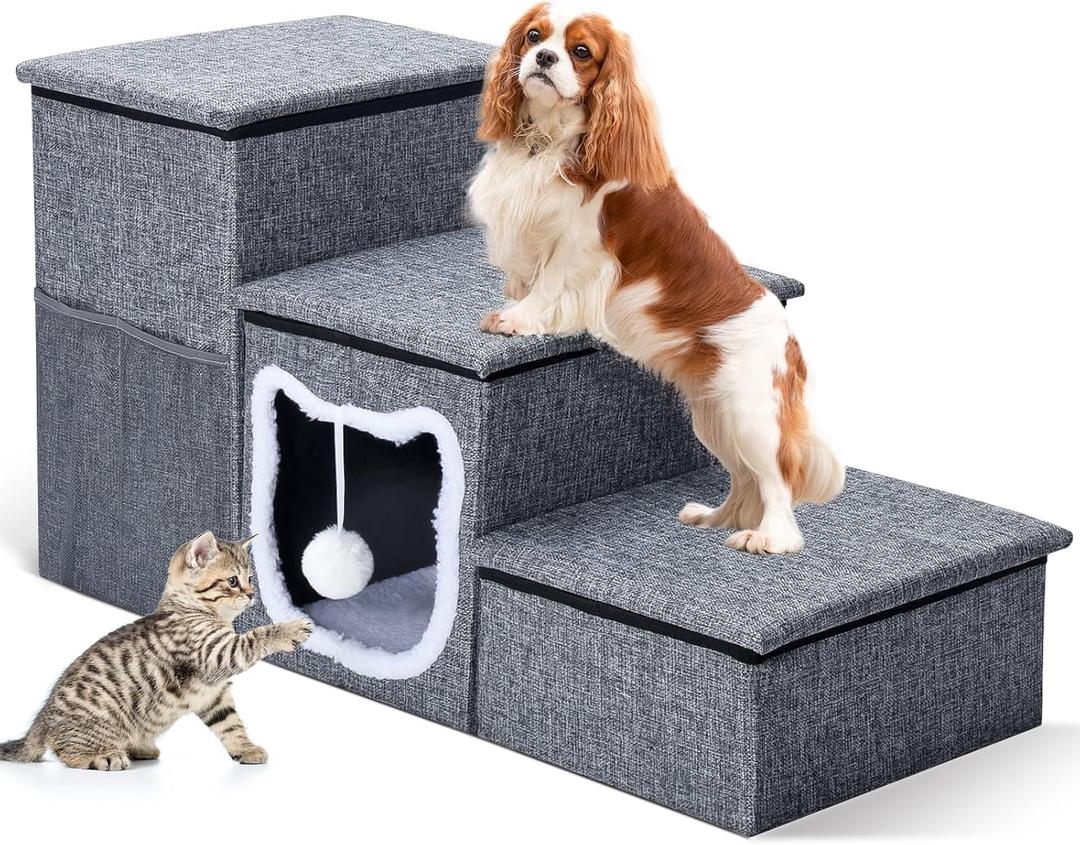Dog Stairs for Small Dogs 16'' H, Foldable Pet Steps for High Bed, Non-Slip 3-Step Cat Stairs with Storage, Condo and Fluffy Ball, Small Dog Indoor Ramp for Couch Window