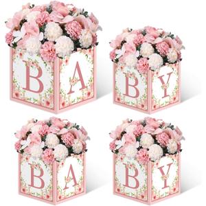 TSVATE Pink Baby Shower Boxes Decorations - 4 Baby Shower Centerpiece Boxes Gender Reveal First Birthday Centerpiece Decors (Without Flowers)