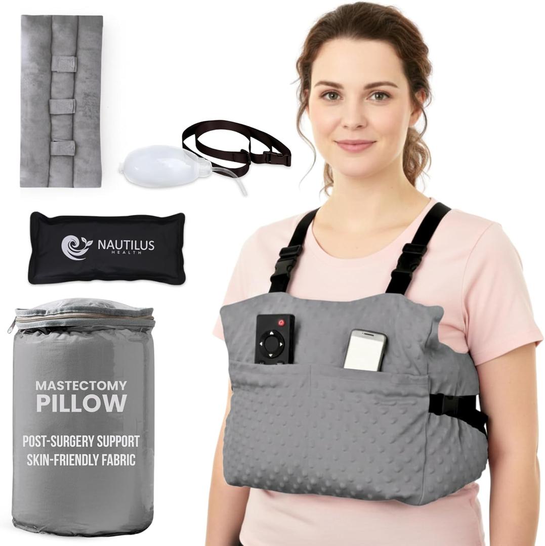 Mastectomy Recovery Pillow Set, Post-Surgery Comfort for Breast Surgery, Breast Reduction, Breast Augmentation, Lumpectomy 5 Pcs Kit Supplies, Gel Pack, Seatbelt Cushion, Shower Lan & Storage Bag (Gray Swiss Dots Bundle)