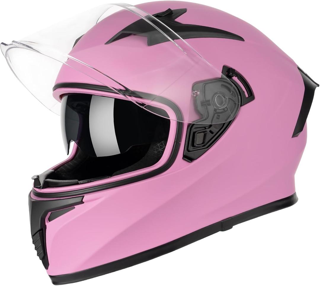 CUTEY Full Face Motorcycle Helmet - DOT Certified, Lightweight, Dual Visor, Ventilated - for Adults Men & Women (Pink, XL)