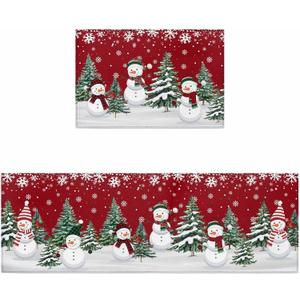 LooPoP Christmas Snowman Kitchen Mats for Floor Cushioned Anti Fatigue 2 Piece Set Kitchen Runner Rugs Non Skid Washable Red and White (19.7x31.5inch+19.7x47.2inch)