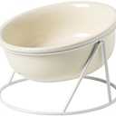DEDEMCO Ceramic Cat Dog Elevated Food Bowl with Iron Stand, 300ml Tilted Cat Dog Water Bowl, Raised Pet Food Water Dish for Cats Dogs Whisker Friendly, White