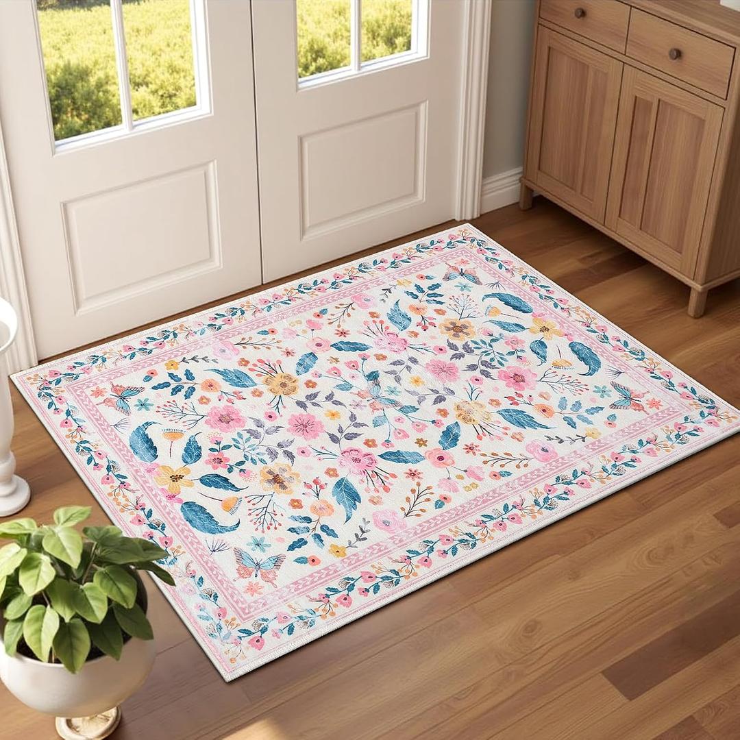 Terrug 2x3 Pink Floral Area Rug for Entryway,Boho Machine Washable Throw Rugs with Non-Slip Blacking for Kitchen,Small Flower Carpet for Bedroom Front Door Laundry Floor Decor
