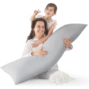 WhatsBedding Memory Foam Body Pillow with 100% Cotton Jersey Knitted Cover, Luxury Soft Large Long Pillow for Adults, Firm Full Body Pillow with Removable Zippered Pillow Case - Light Grey