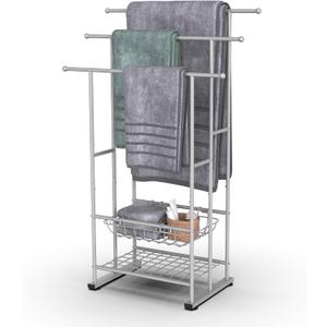 40" Tall Freestanding Towel Rack for Bathroom, 3 Tier Floor Towel Racks with Storage Basket and Shelf, Poolside Drying Rack for Large Bath Towel - Silver