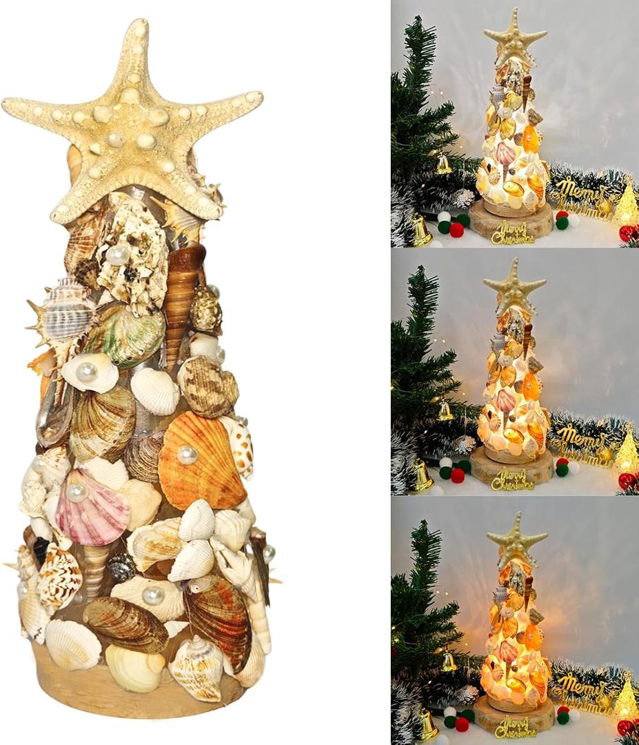 Sea Shell Christmas Tree DIY Handmade Crafts, Mini Shell Tree with 3-Mode LED Lights for Christmas Decor, Coastal Holiday, New Year, Birthday Party Gift, Versatile Home Decoration