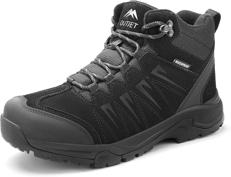 OUTJET Men's Waterproof Hiking Boots Lightweight Comfortable Leather Mid Ankle Outdoor Trekking Boot 11.5, Black