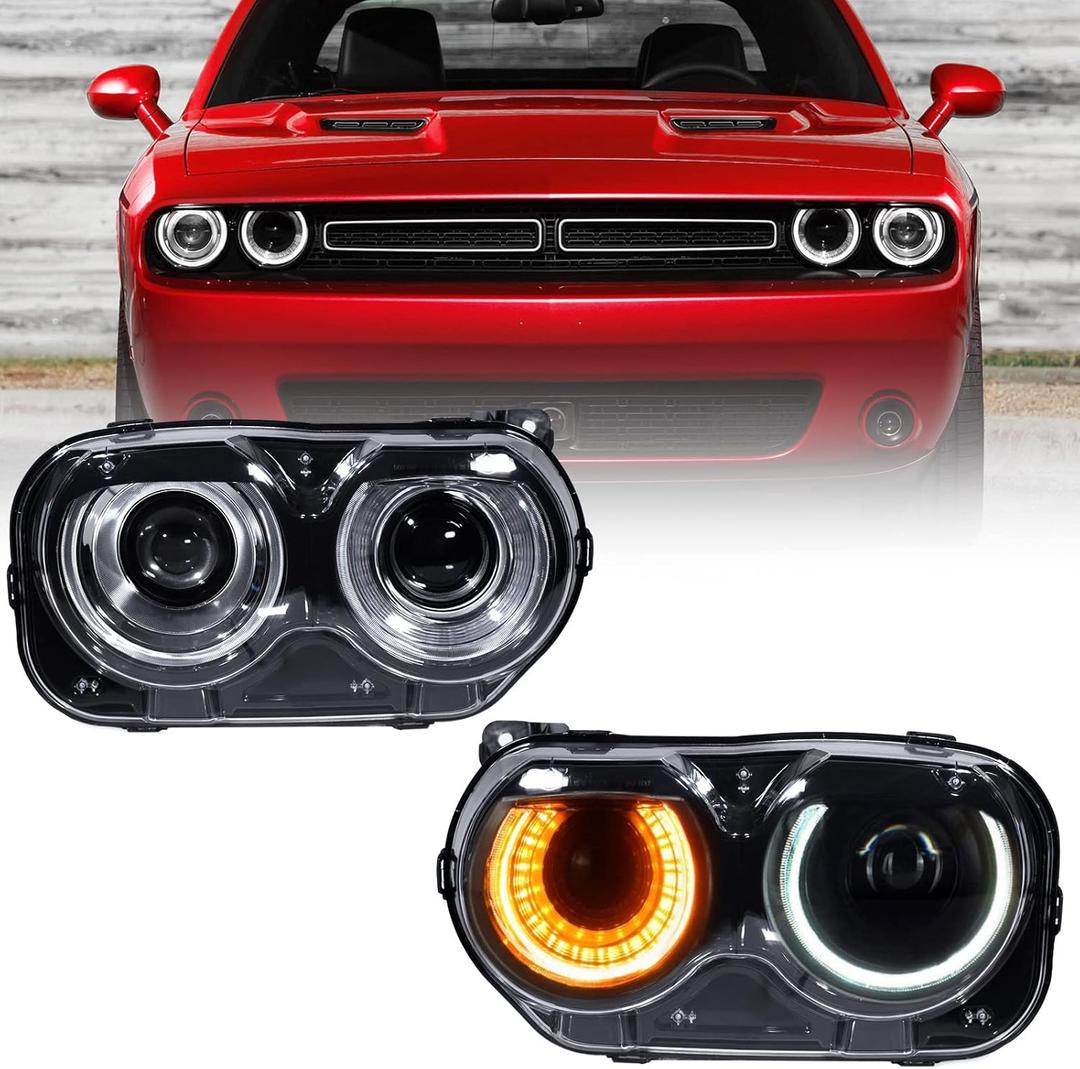 Halogen Model Headlights Assembly Compatible with Dodge Challenger 2015 2016 2017 2018 2019 2020 2021 Headlamps with Black Housing Replacement Driver Left LH & Passenger Right Side RH