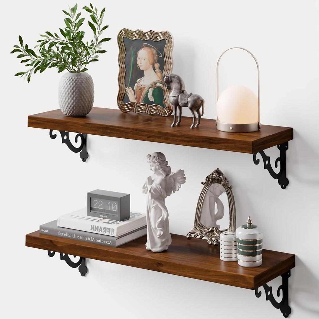 Solid Wood Floating Shelves for Wall with Metal Brackets, 24 Inch