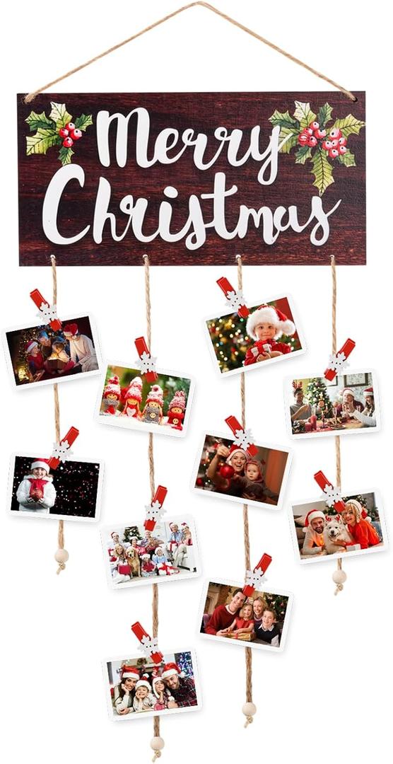 Christmas Card Holder - Merry Christmas Wooden Hanging Picture Display with 30 Photo Clips for Xmas Cards, Home Wall, Door, and Window Decor (Brown)