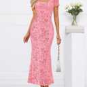 MEROKEETY Women Summer Floral Wedding Guest Maxi Dress 2026 Formal Short Sleeve Square Neck Bodycon Cocktail Party Long Dress (Pink, S)