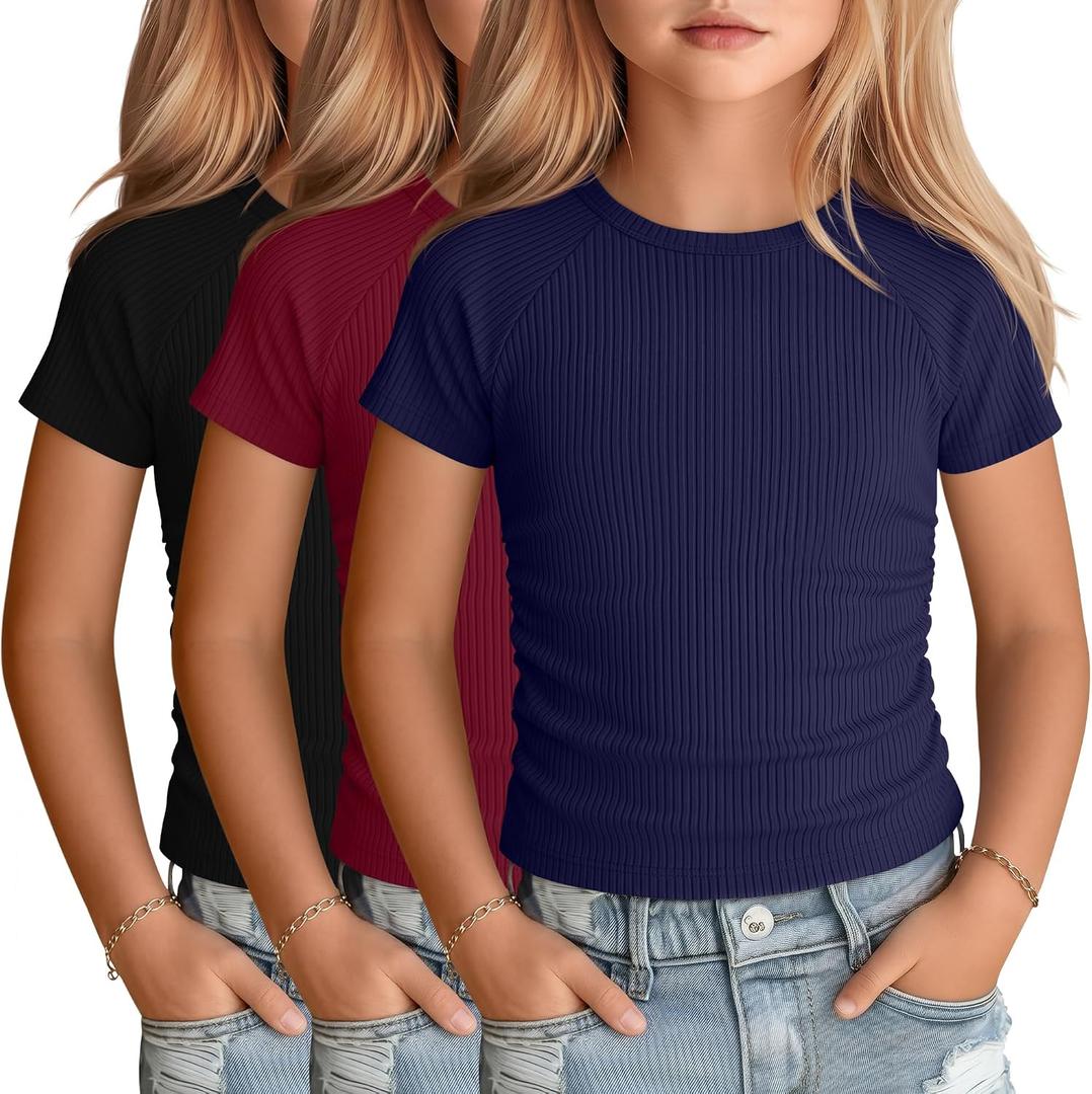 3 Pack Girls Short Sleeve Cute Shirts | Ribbed Knit, Crew Neck, Slim Fit, Summer, Basic, Soft, School Outfit, Trendy, Ages 5-14, Solid Colors, Versatile Styling