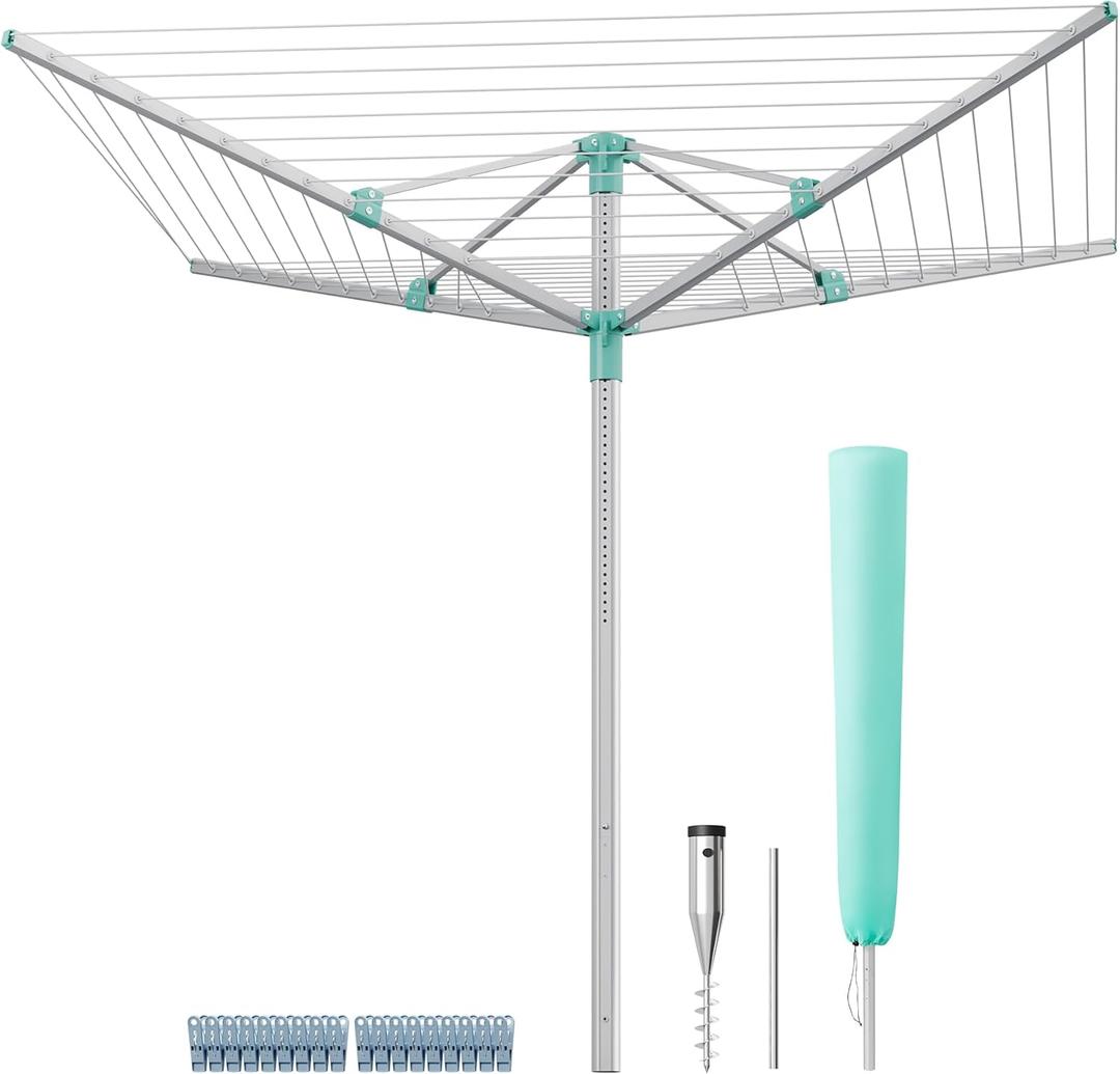 SONGMICS Umbrella Drying Rack, Retractable Outdoor Drying Rack, Height Adjustable, 164 ft Long Clothesline, Holds 5 Laundry Loads, for Garden, with Ground Spike, Cover, Silver and Green ULLR301E01 (66.9"D x 66.9"W x (47.6"-72")H)