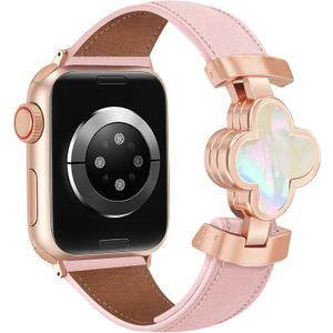 MOINSPIRE Designer Slim Leather Bands for Women,Lucky Four-Leaf Clover Cute Dressy Magnetic Watch Bands for iwatch Compatible with Apple Watch Series 11/10/9/8/7/6/5/4/3/2/1 SE 1/2/3 Ultra 1/2/3, 49/46(S11/10)/45/44/42mm(Series 1/2/3) Rose Gold