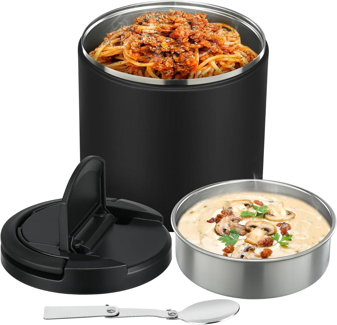 40oz Insulated Food Jar-Say Goodbye to Spills&Cold Meals|QuickLift Airtight Leak-Proof Lid Thermo for Hot Food, Wide Mouth Soup Thermos Lunch Box Container Adults|Stainless Steel with Folding Spoon (Black)