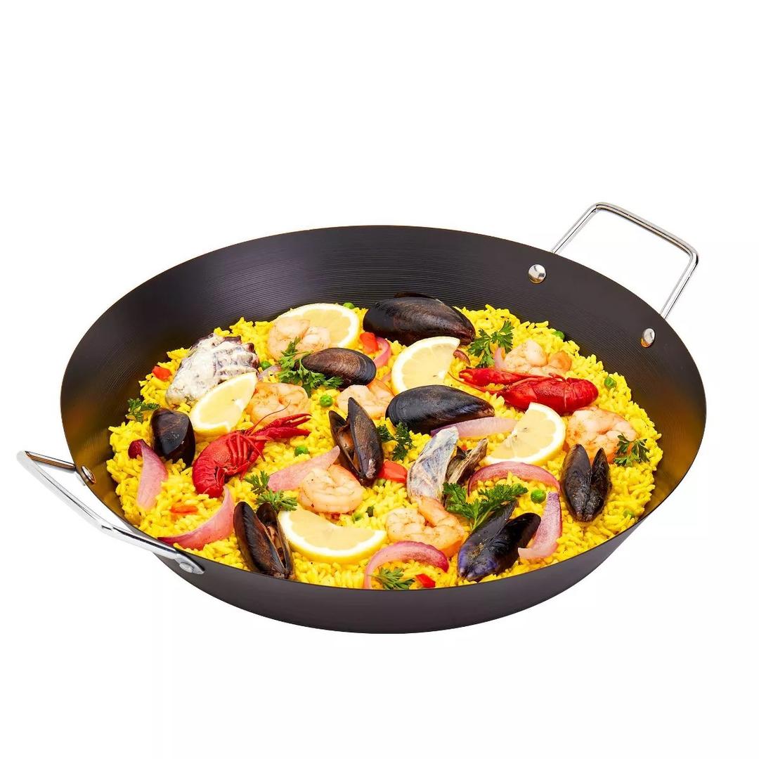Infuse 15" Paella Pan: Carbon Steel Skillet, Hand Wash, Oven-Safe, Gas & Induction Compatible, Black Cookware Paellera