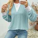 BLENCOT Long Sleeve Shirts for Women Crewneck Knitted Color Block Tunics Blouses Fall Fashion Tops Winter Lightweight Business Casual Top Large Myosotis (L)