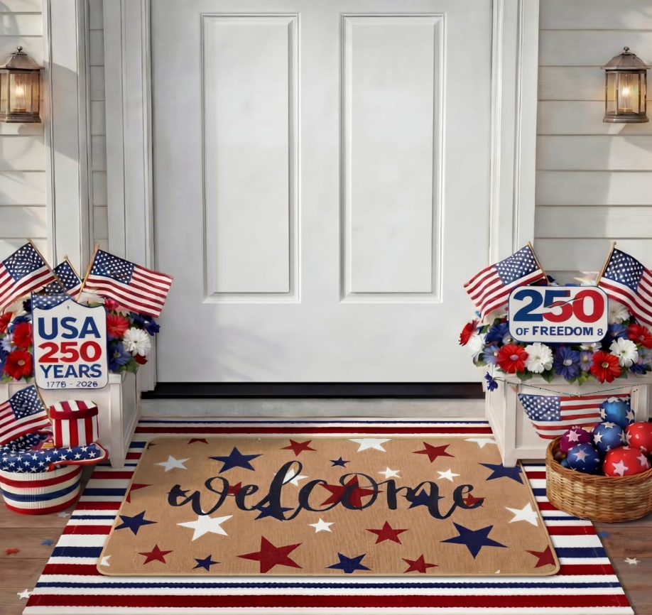 Tinideya 2 Pcs 4th of July Patriotic Door Mat Outdoor 250th Anniversary Welcome Front Door Mat Layered Red White Blue Stars Stripes Entryway Rug Non Slip Independence Day Decor for Front Porch Outside