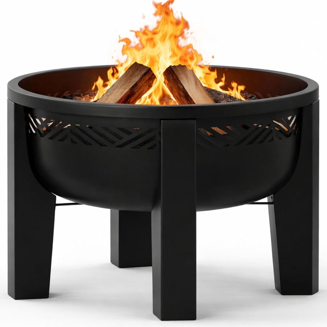 Fire Chief Wood Burning Fire Pit with Tabletop Lid, 26 Inch Outdoor Fire Pit Table for Patio, Deck and Backyard, Heavy Duty Steel Bowl Converts to Side Table, Black (Decorative Bowl)