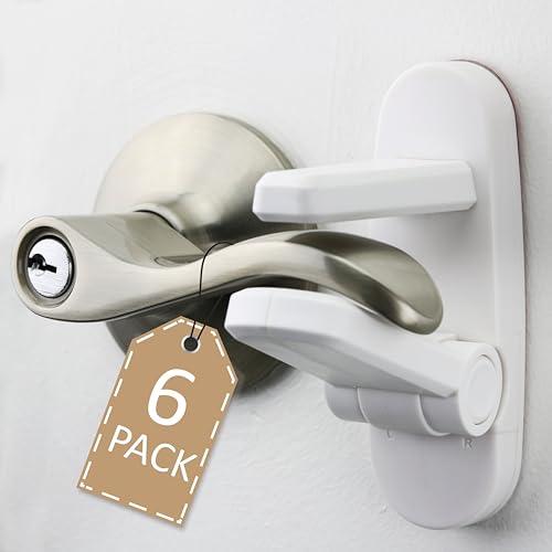 Door Lever Lock (6 Pack) Prevents Toddlers from Opening Doors. 3.25" L * 1.5" W * 4.5" H Easy One Hand Operation for Adults. Durable ABS with 3M Adhesive Backing. Simple Install, No Tools Needed.